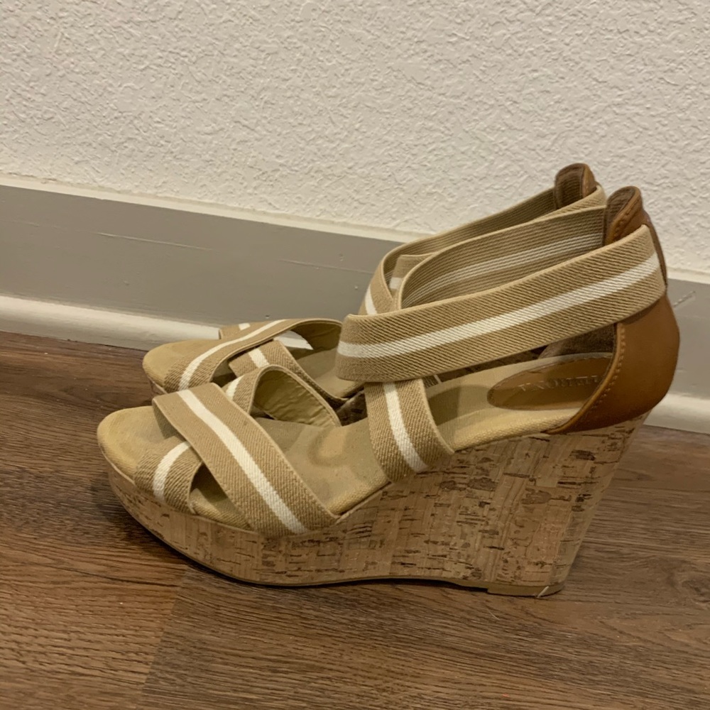 Tan and White Cork Wedges